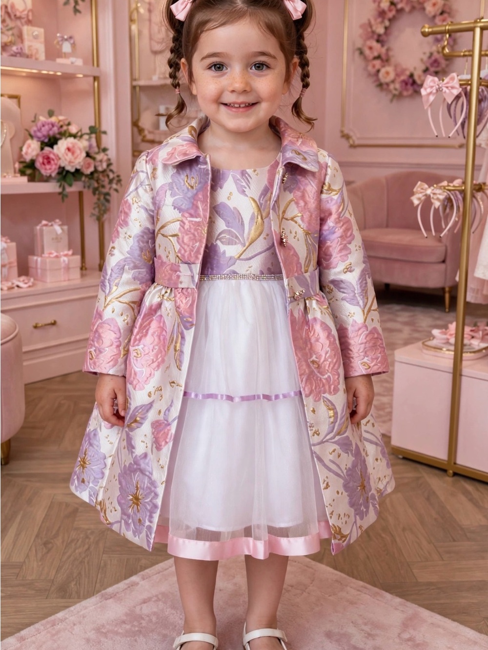 Blueberi Boulevard Pink and Lilac Floral Jacquard Coat Dress Set
